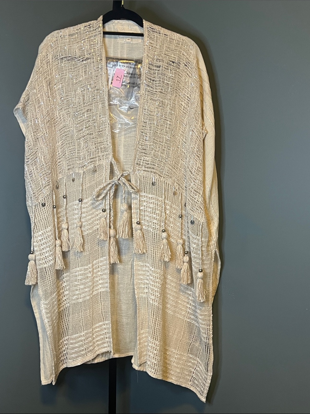 POL Open-Weave Tassel Kimono in Cream